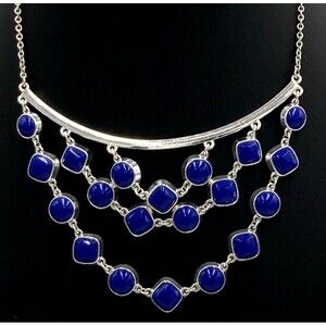Signed Liz Claiborne Necklace 19" Silver Tone Blue Resin Enamel Bib Statement